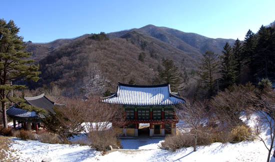 대웅전 앞마당에서 내려다 본 우화루와 그 전망이 아름답다. 